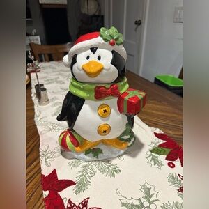 Christmas Penguin Cookie Jar with Red and Green Accents